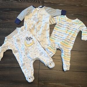 Three pajamas for 0-3 months zipper stripes arrows clouds footie pjs newborn